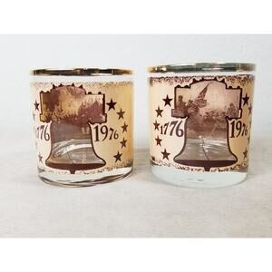 Drinking Glass 10oz Liberty Bell & Declaration of Independence 1976 Gold 4" x2